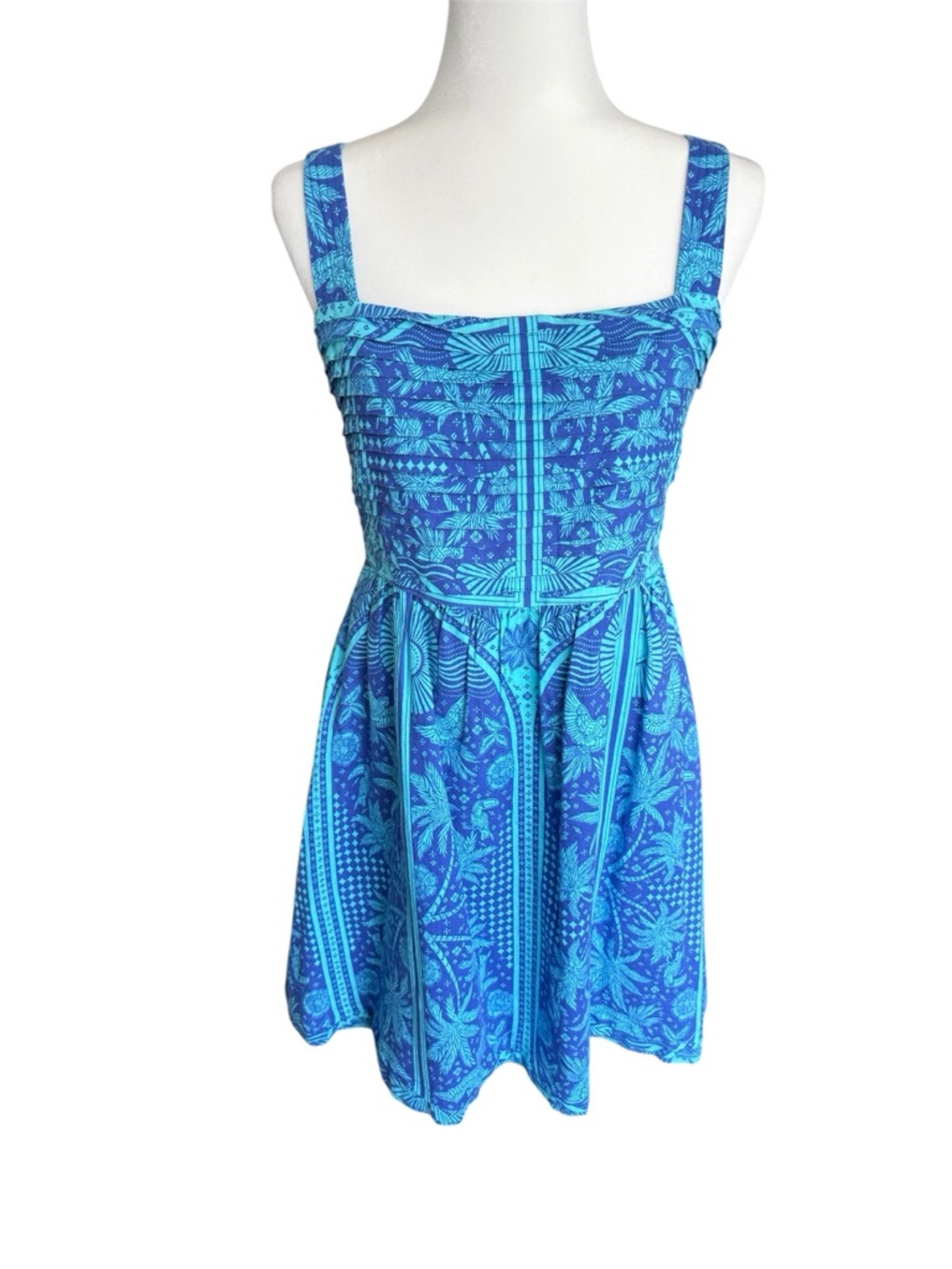 Rachel Zoe Turquoise and Royal Blue Printed Square-Neck Mini Dress Size 8